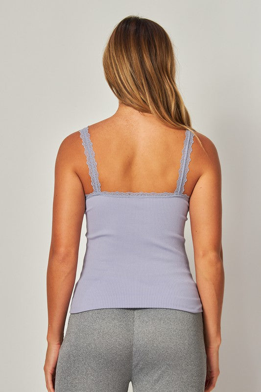 Stretchy Ribbed Seamless Lace Trim Tank Top