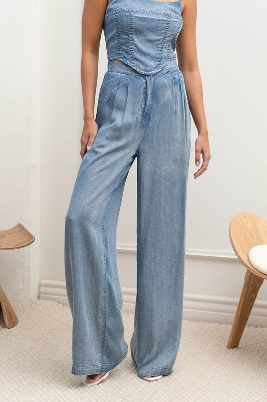 Washed Pleated High Waist Wide Leg Pants