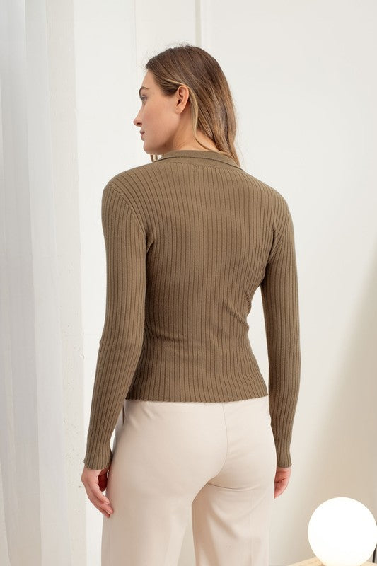 Collared Button Front Long Sleeve Sweater Knit Top