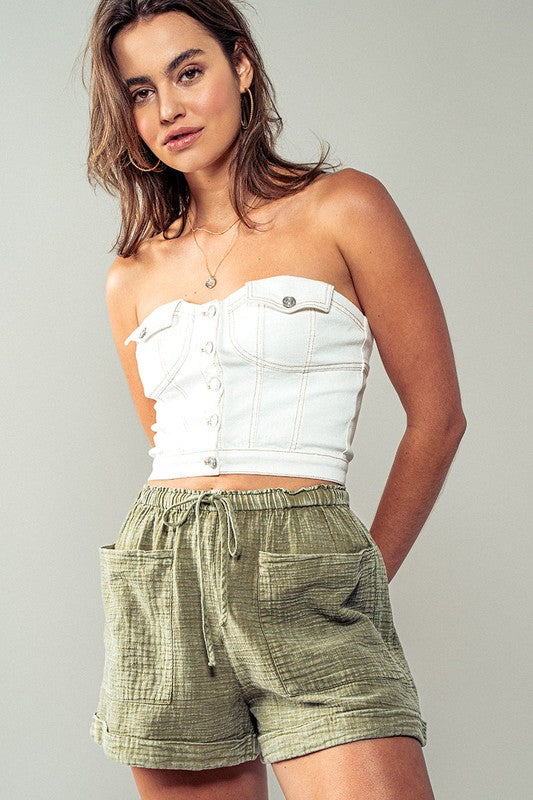 Button Front Denim Cropped Tube Top