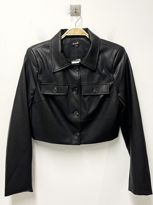 Solid Faux Leather Flap Detail Button Down Jacket