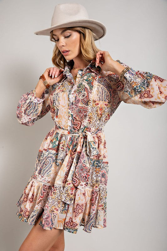 Flower Print Sleeve Shirt Dress